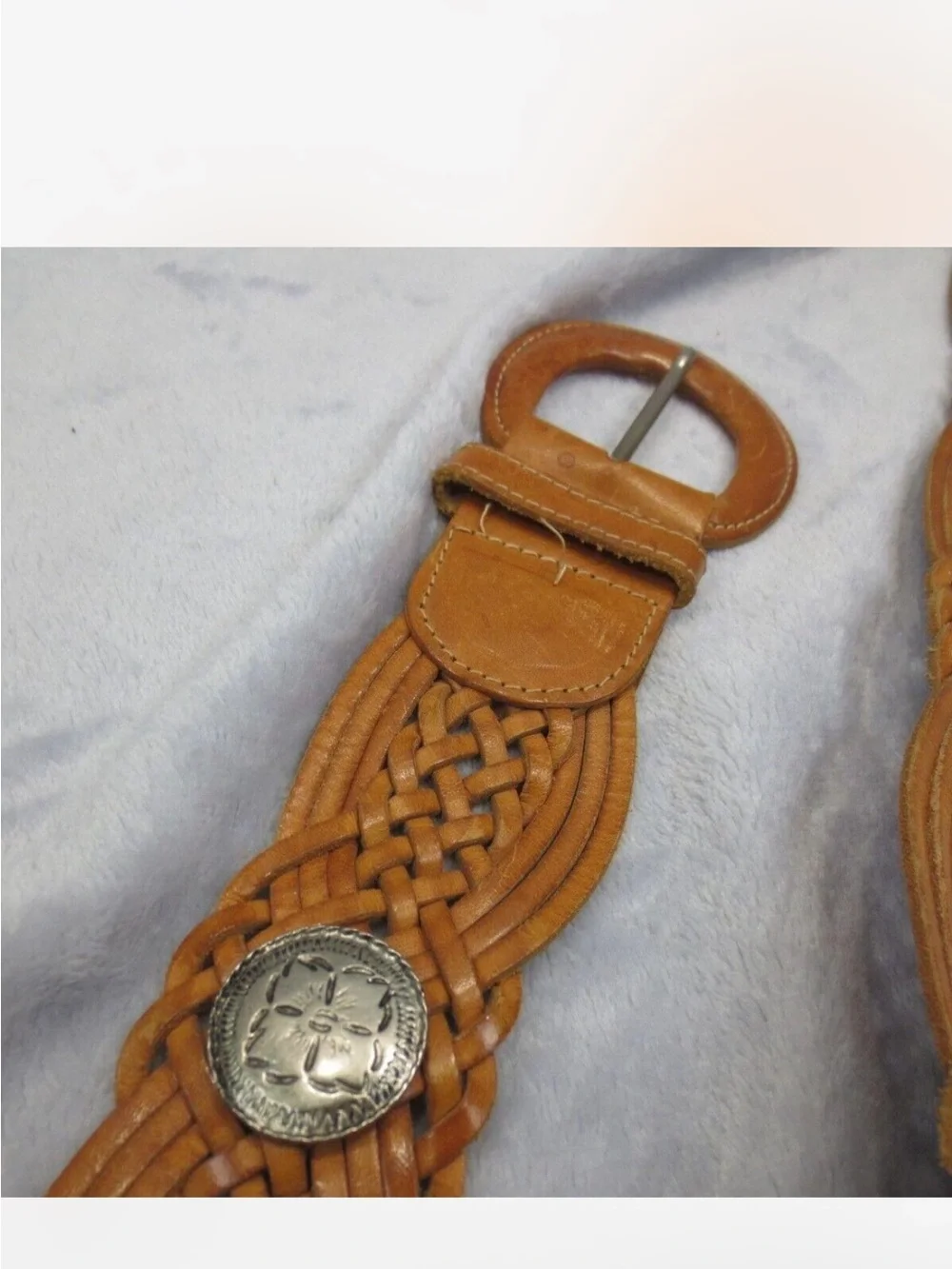 Vintage Tan Braided Leather Belt with Round Buckle
